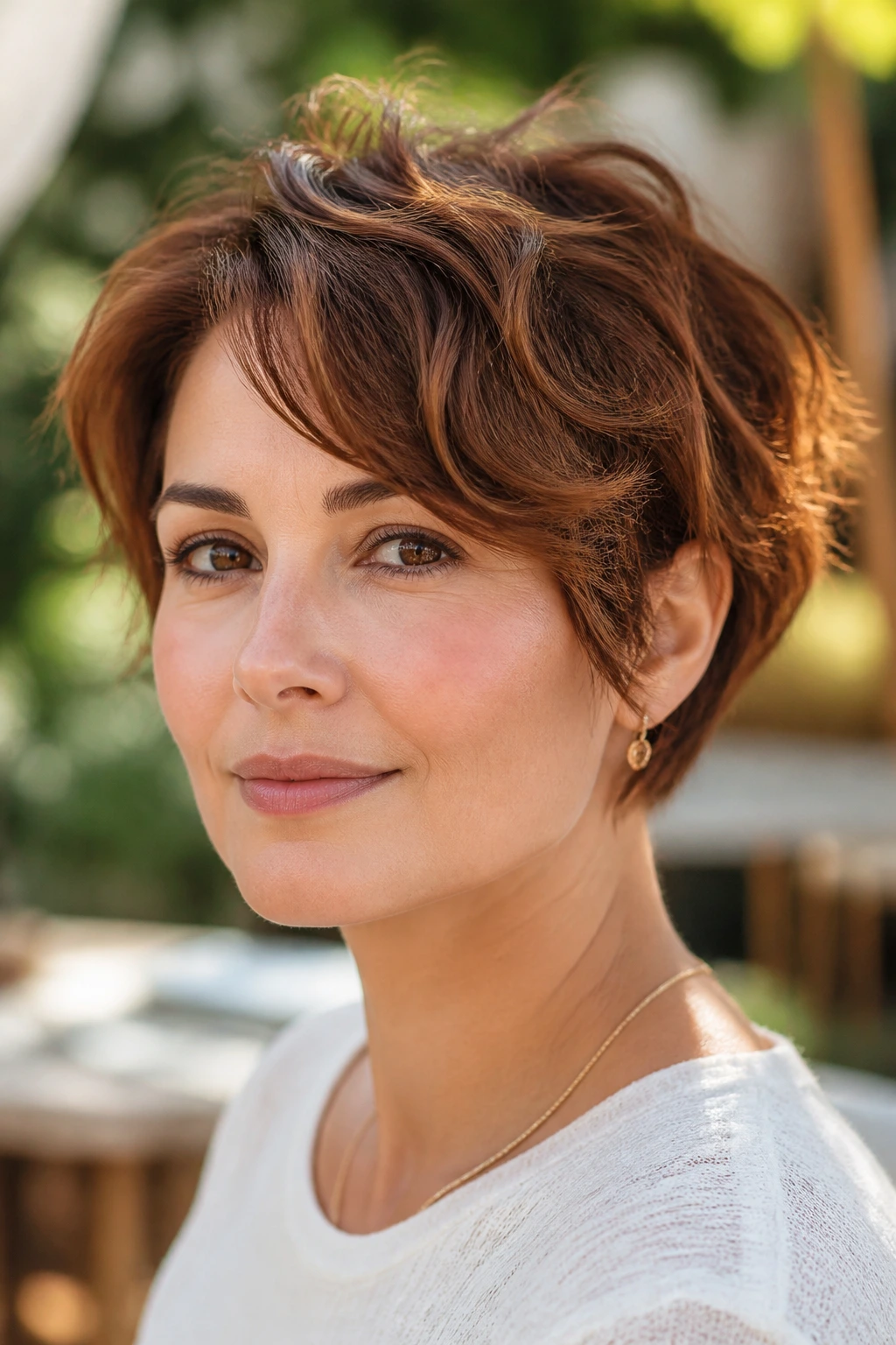 Close-up of real woman with cinnamon wavy pixie bob outdoors