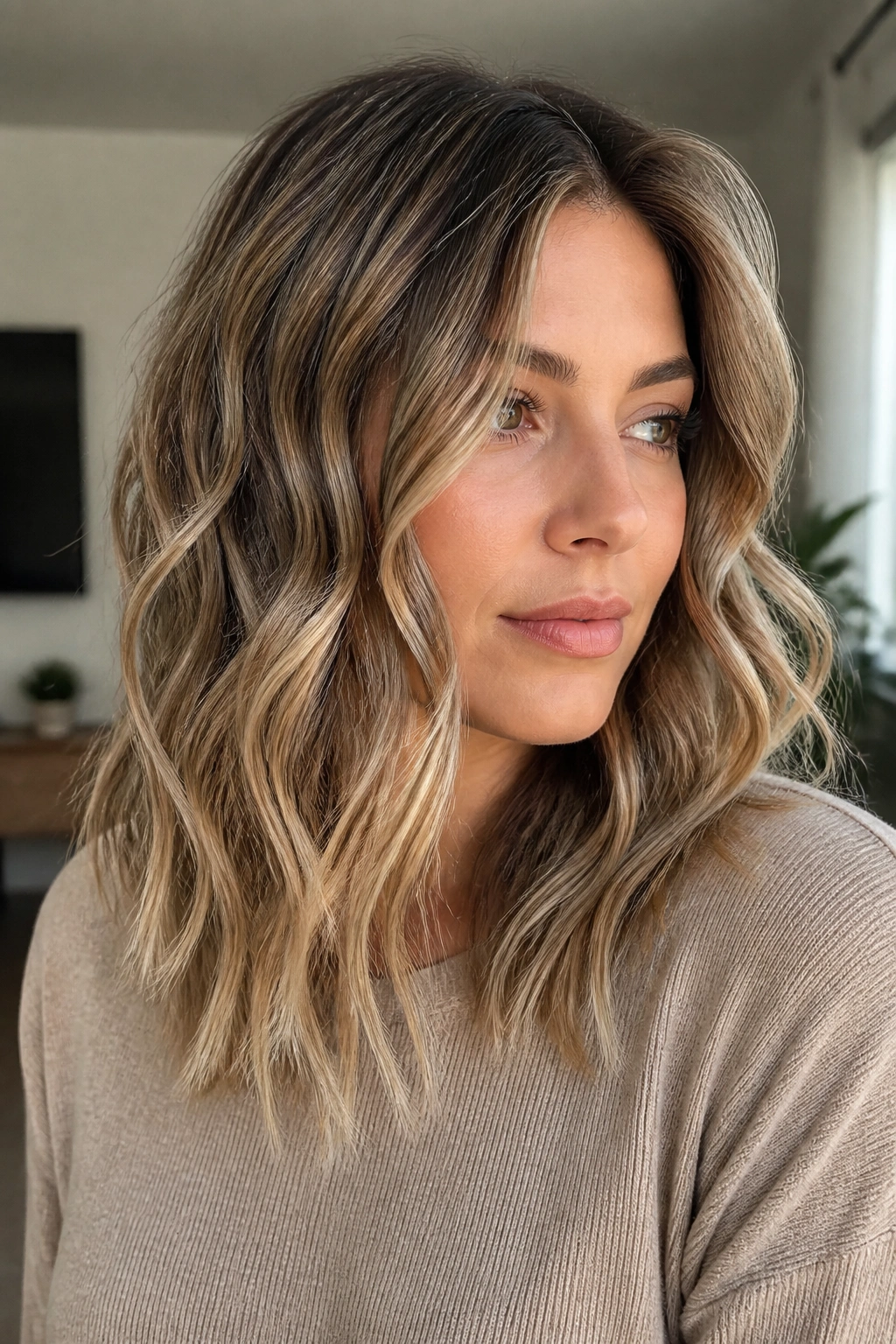 Close-up portrait of a real woman with clamp-and-bend waves in medium-length hair