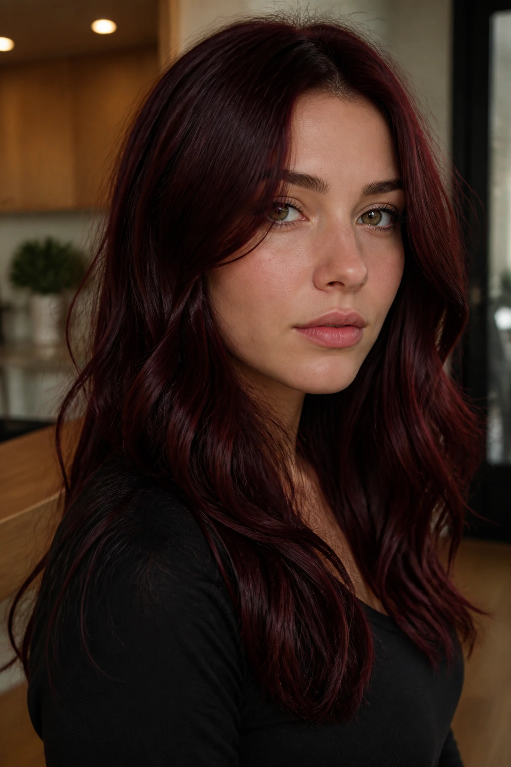 Close-up portrait of a real person with Claret Brown wine-red brunette hair
