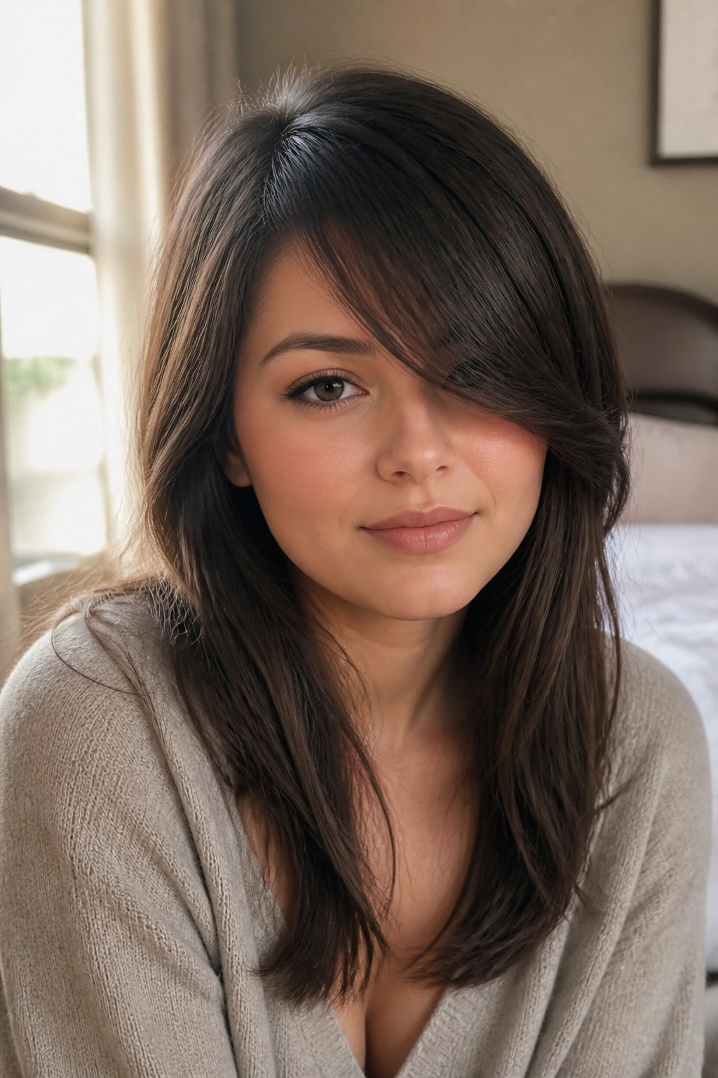 Close-up portrait of a real woman with classic long side bangs on a round face in warm window light.