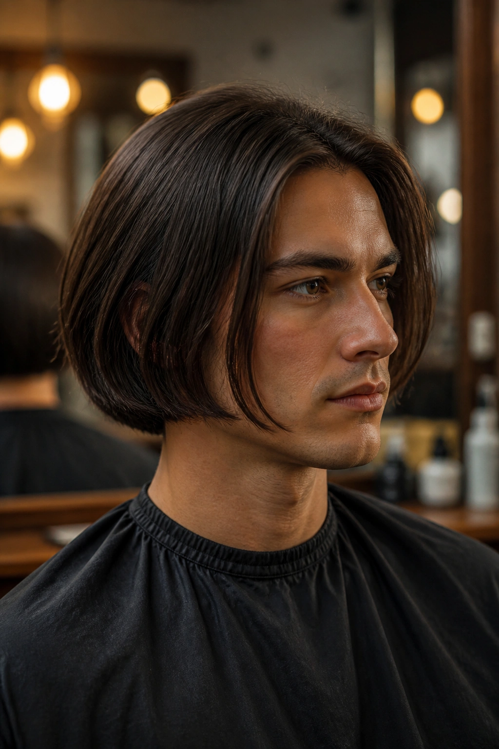 Close-up portrait of a real man with a classic bob hairstyle, chin-length, clean jawline and subtle texture.