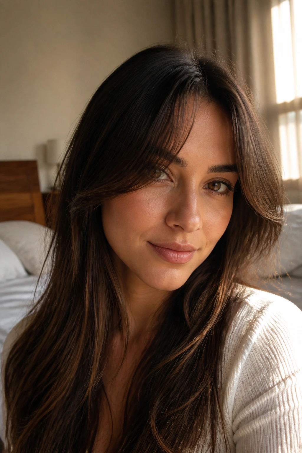 Close-up portrait of a real woman with classic curtain bangs framing the eyes.