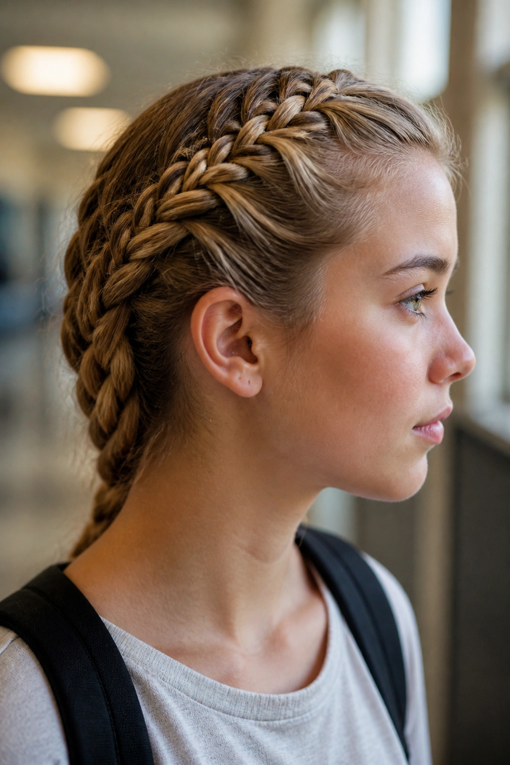 Close-up portrait of a real person with a crown-close French braid along the scalp.