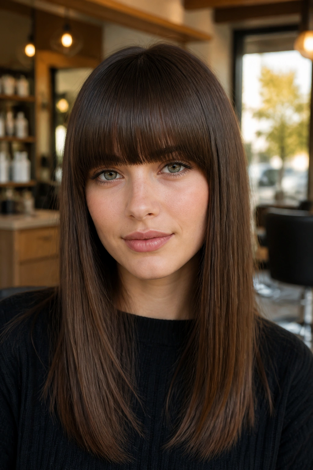 Portrait of a woman with a dense classic full fringe above the brows