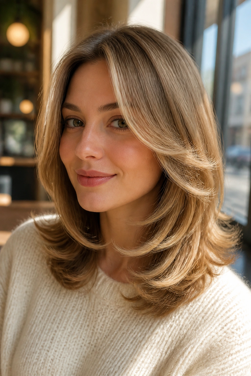 Close-up of a real person with classic layered cut featuring flipped ends.