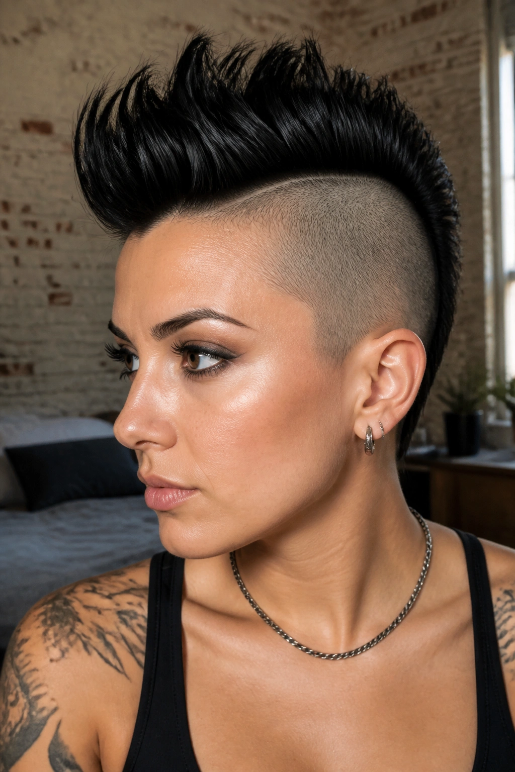 Close-up portrait of a real woman with a classic mohawk and shaved sides, bold central ridge.