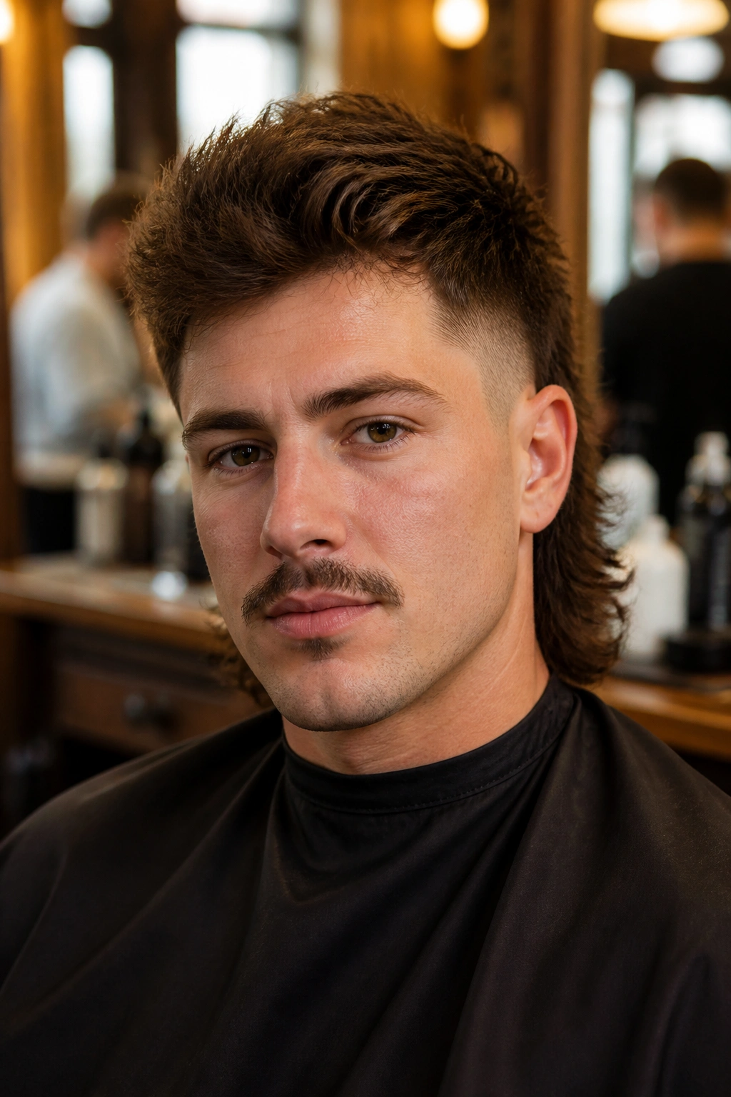 Close-up portrait of a real man with a classic mullet and clean taper in barbershop lighting
