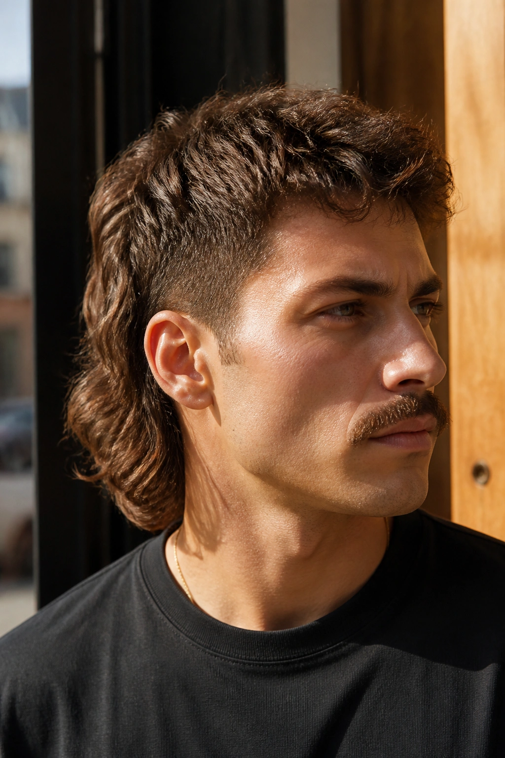 Close-up portrait of a man with a classic tapered mullet
