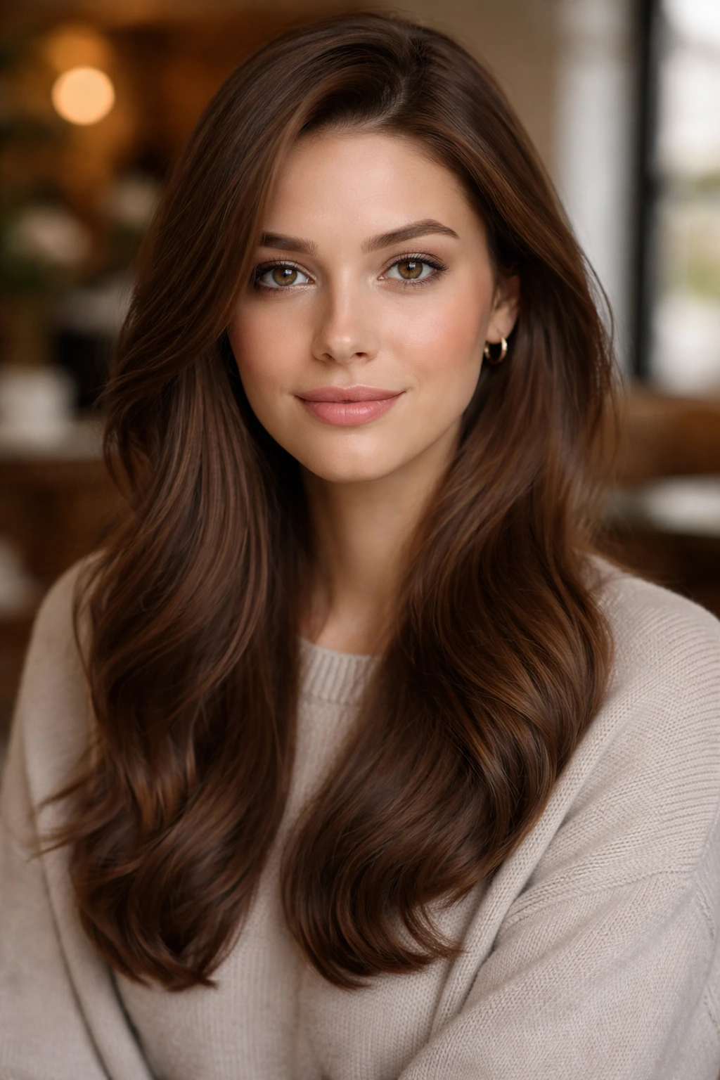 Close-up portrait of a real woman with Classic Neutral Chestnut hair color