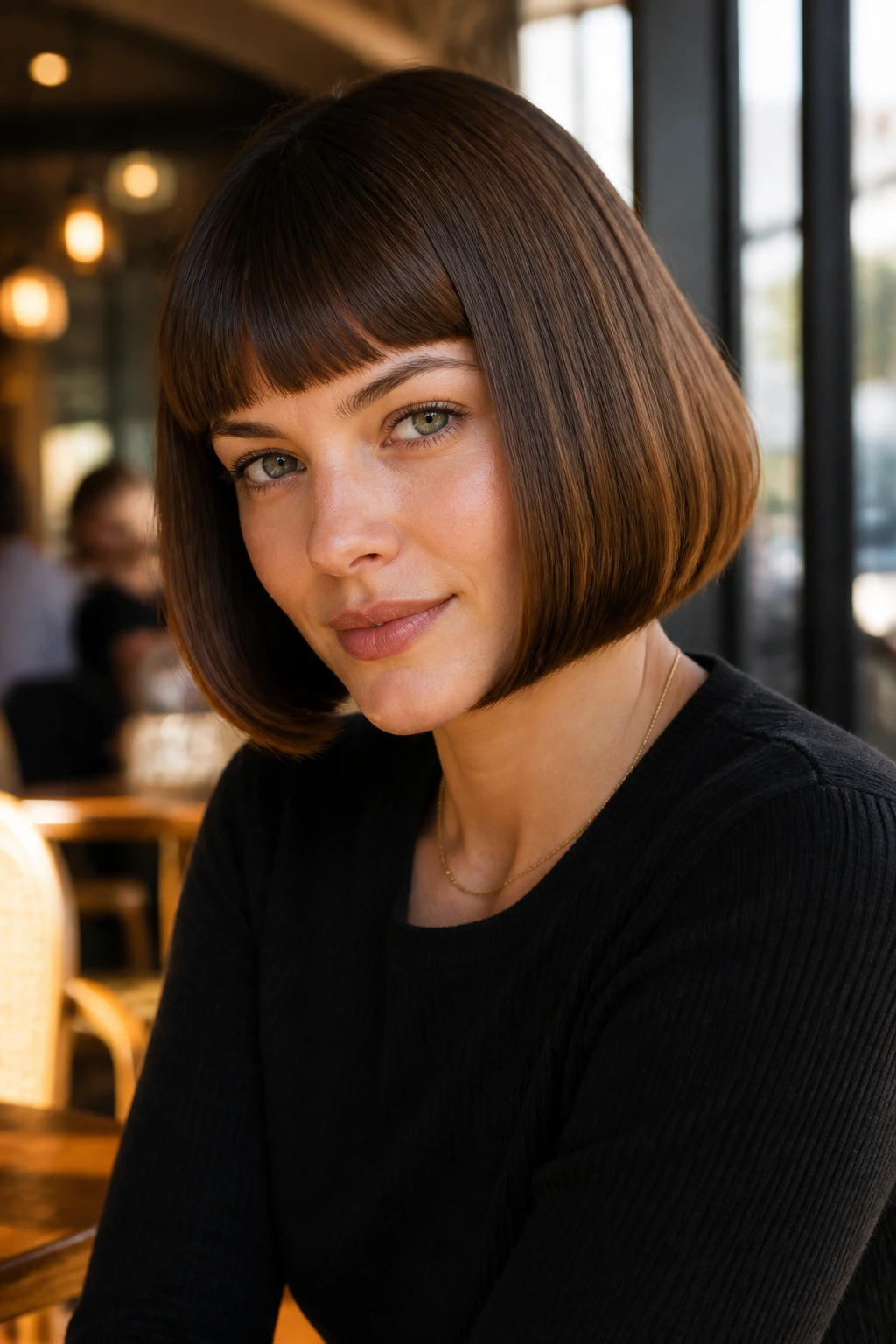 Close-up of a woman with a chin-length Classic Pageboy hairstyle in sunlit cafe light