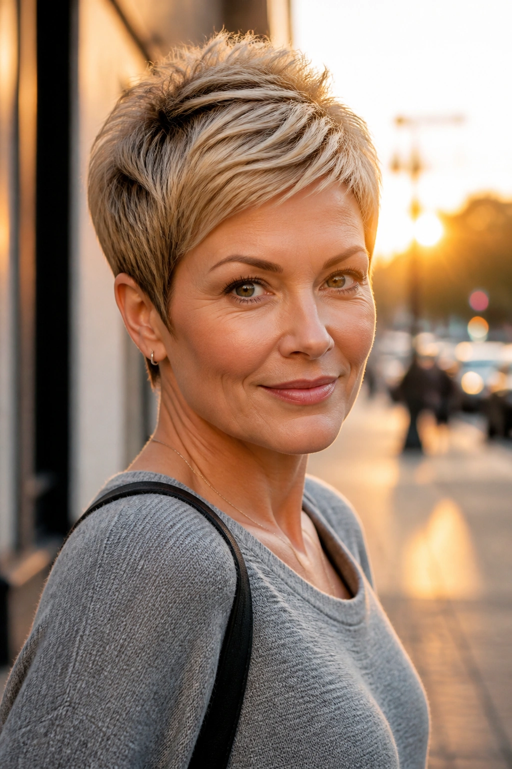 Close-up portrait of a real woman with a classic pixie cut, golden hour street lighting.