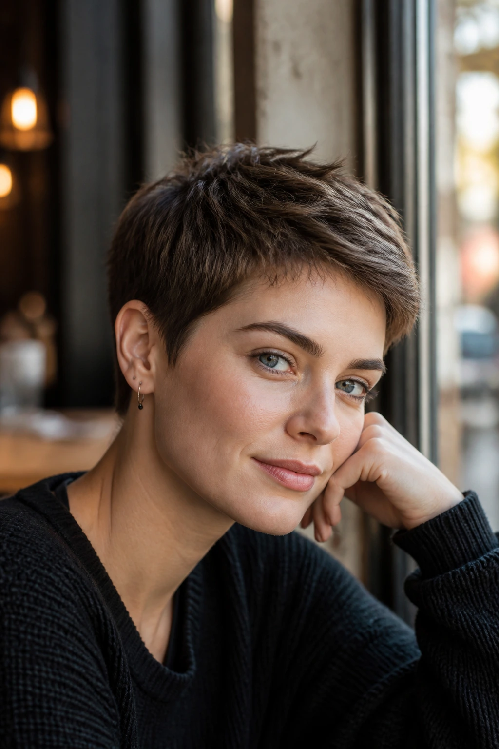 Close-up of a real person with Classic Boyish Pixie haircut, short sides and a lift on top in warm cafe light