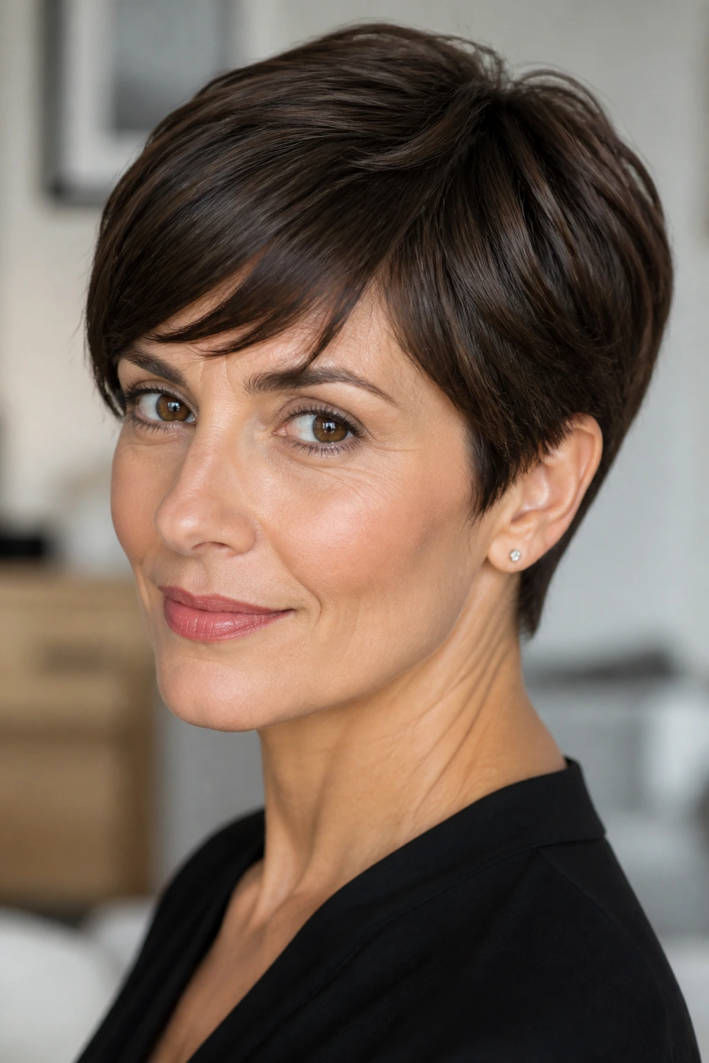 Close-up portrait of a real woman with an elegant classic brunette pixie with subtle layers.