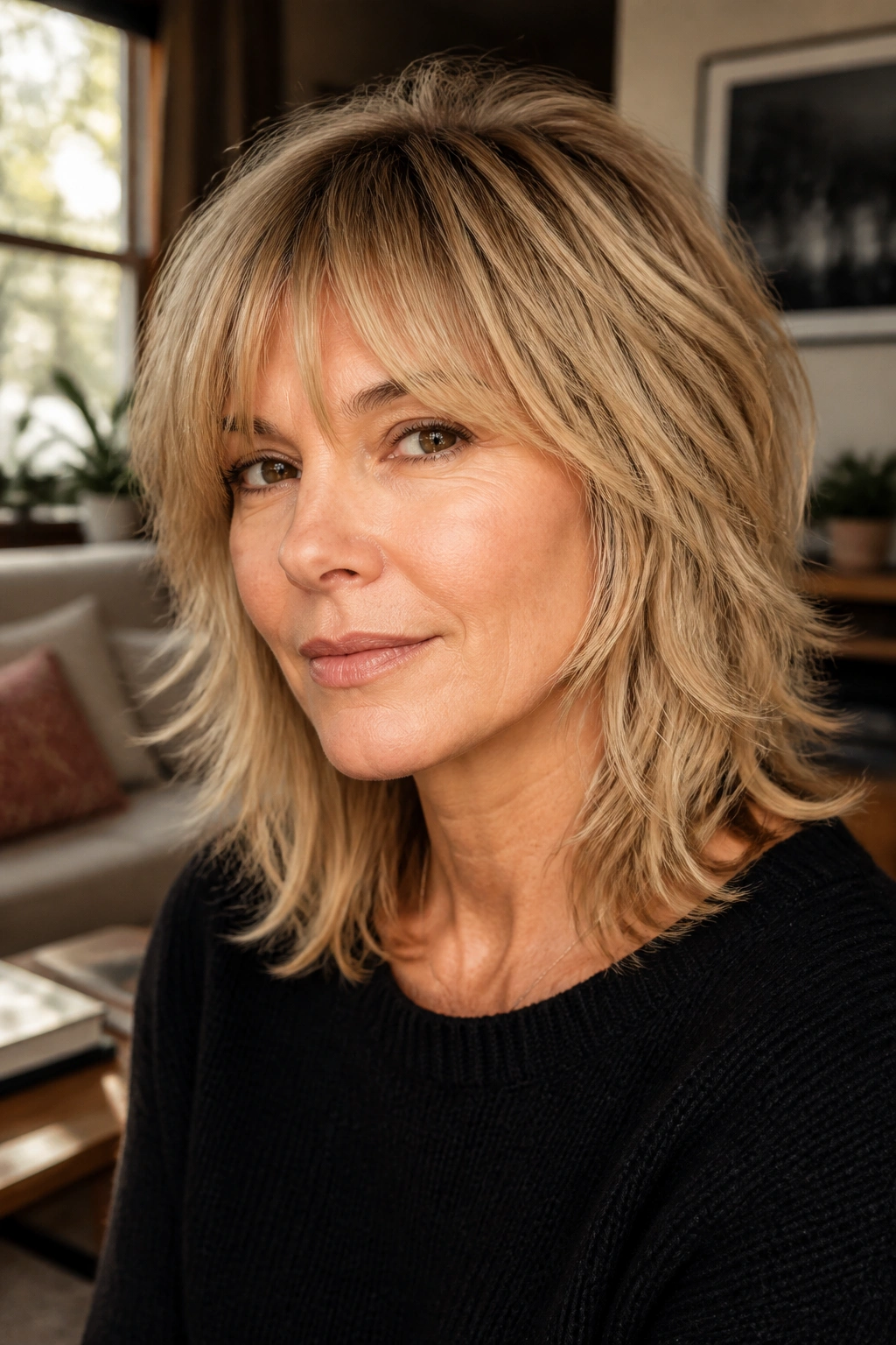 Close-up of a real woman with a classic shag for fine hair showing soft feathered layers and a fringe.