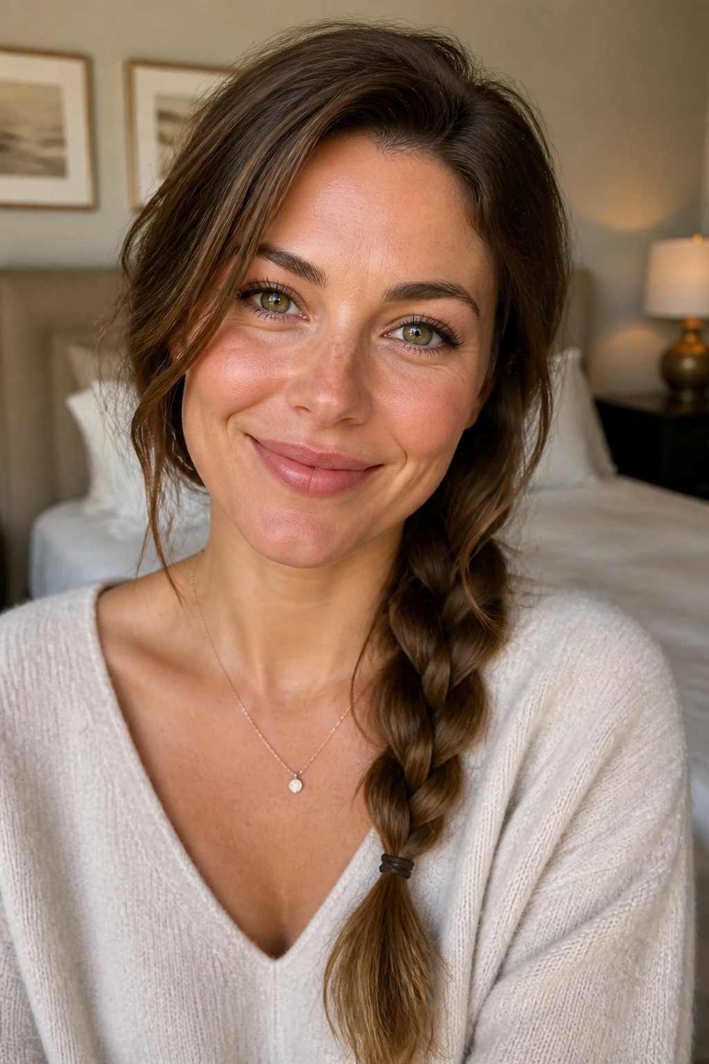 Close-up portrait of a real woman with a classic side braid draped over her shoulder in warm window light