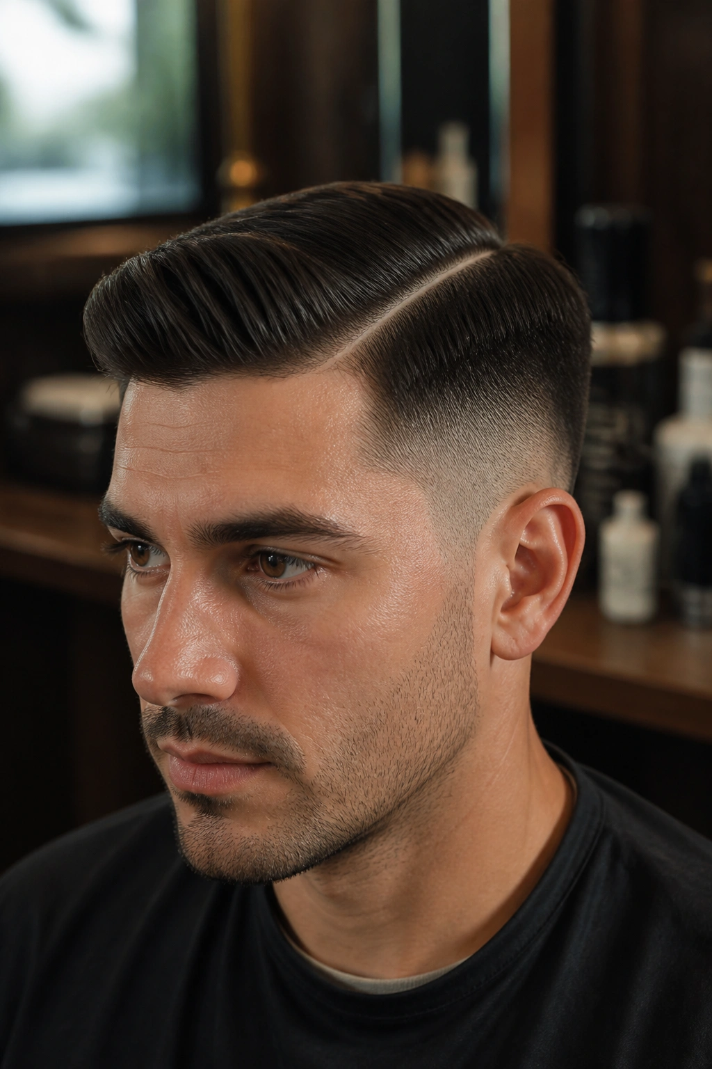 Close-up portrait of a man with a classic side-part undercut, defined part and short sides in a warm barbershop setting
