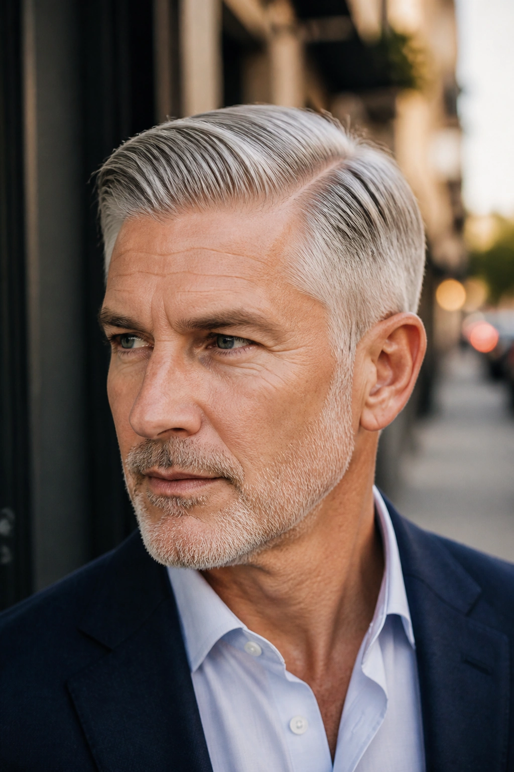 Close-up portrait of a man with a classic side part hairstyle