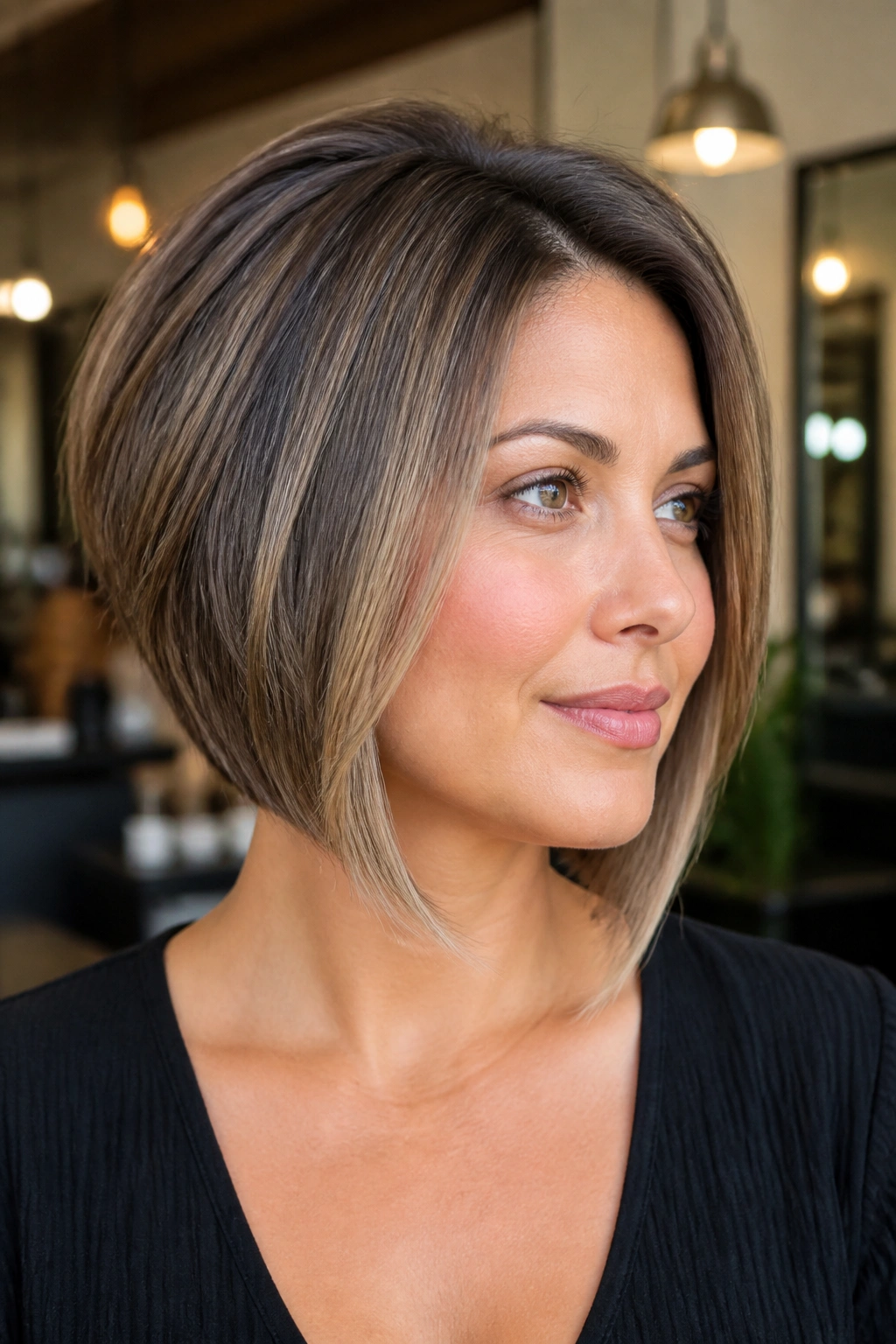 Real woman with classic stacked inverted bob in warm salon light; jaw-grazing front