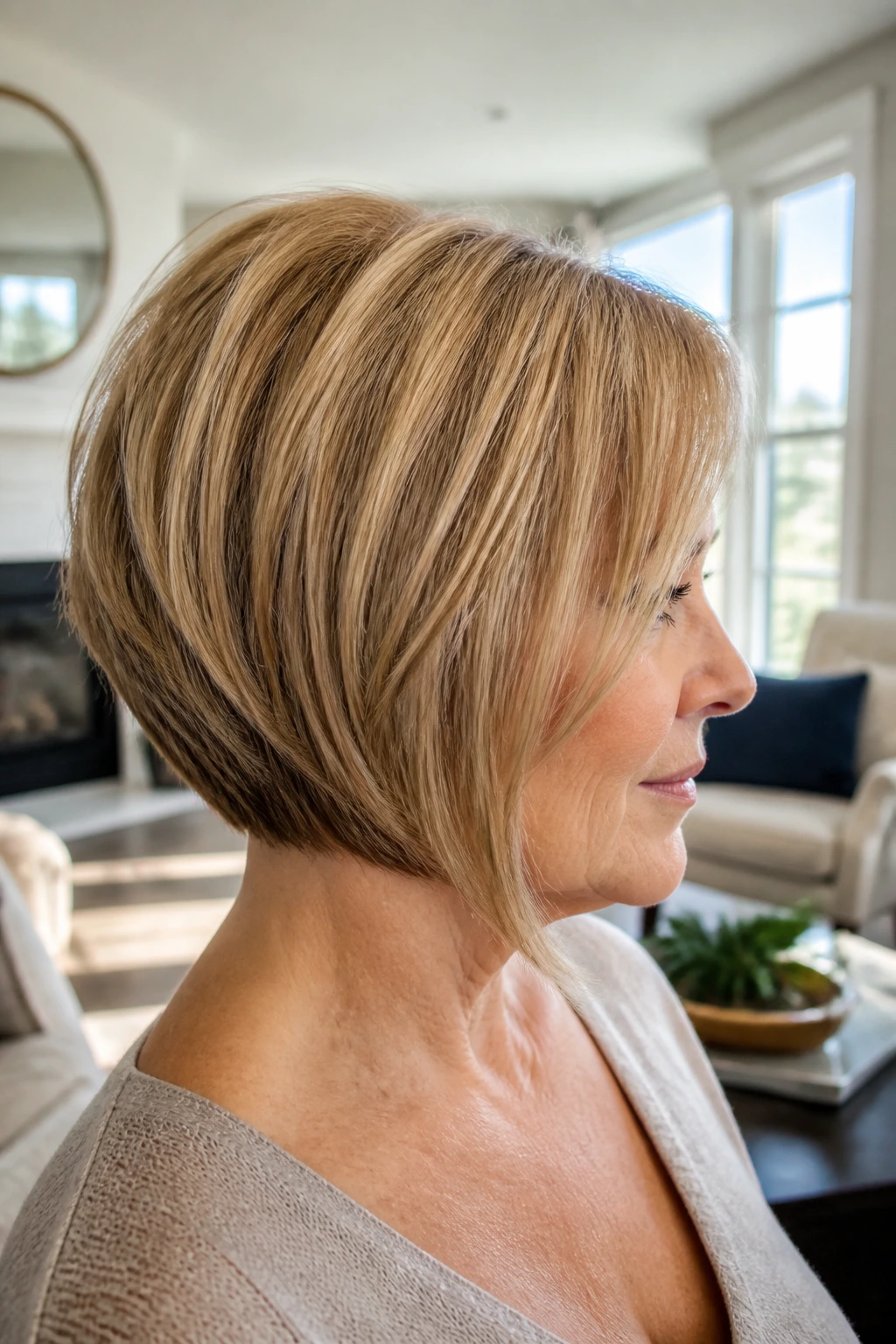 Real person with classic stacked inverted bob showing back graduation.