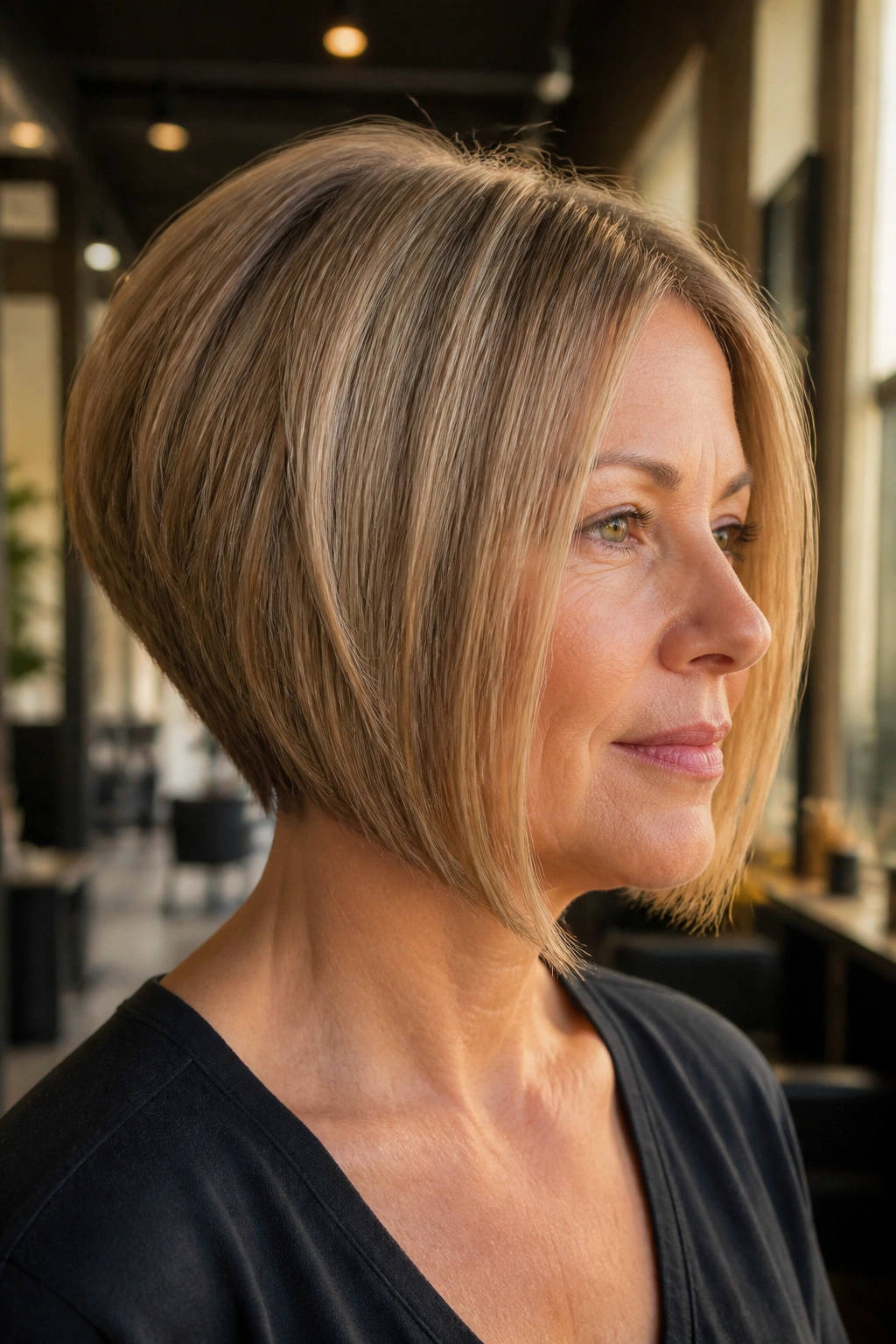 Close-up portrait of a real woman with a classic stacked inverted bob for fine hair.