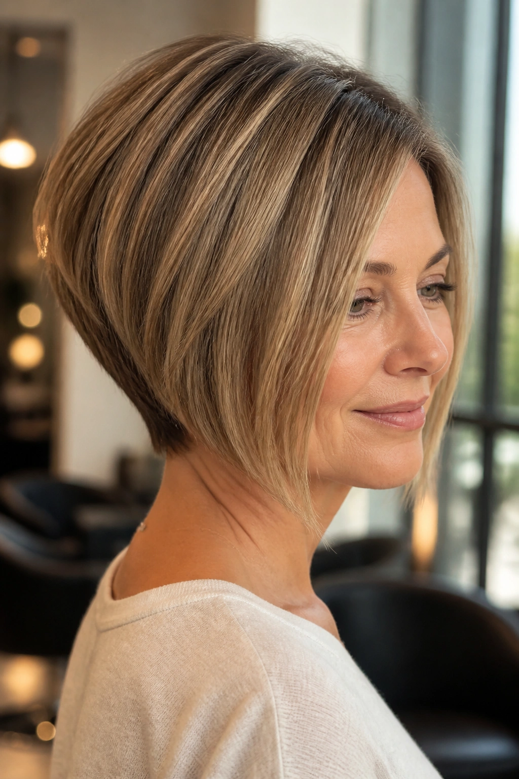 Real woman with classic stacked inverted bob, shoulder-up portrait in warm window light.