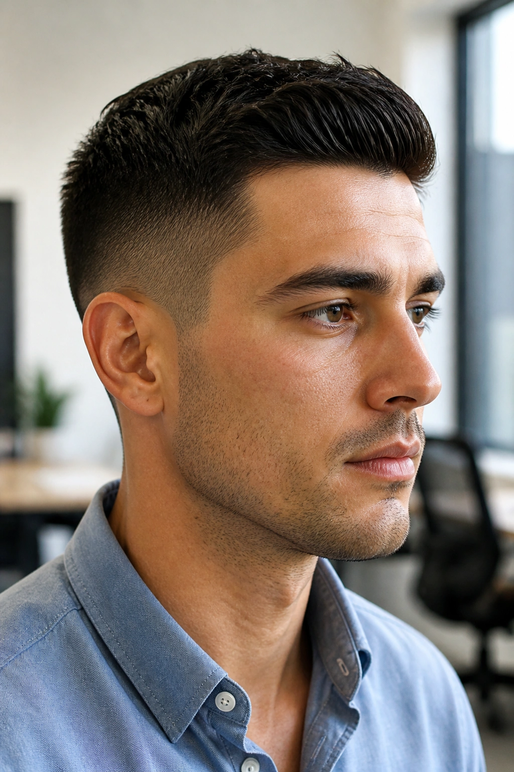Close-up portrait of a man with a classic taper cut