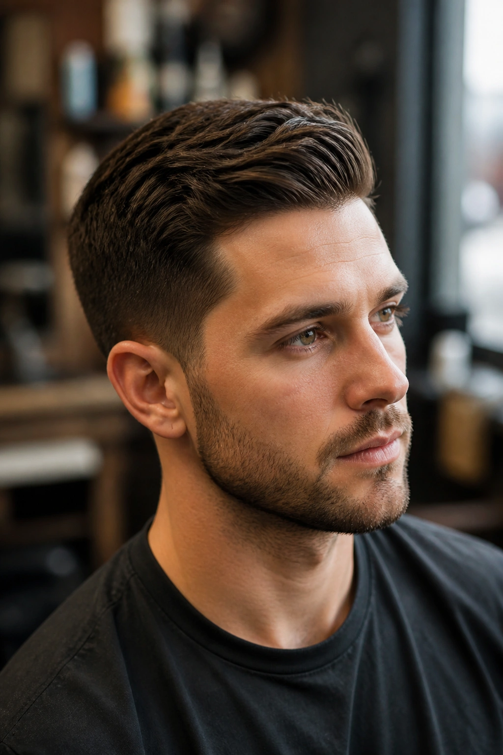 Close-up portrait of a man with a classic taper haircut in a barbershop setting