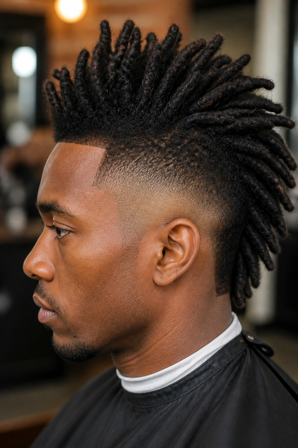 Close-up portrait of a real person with a Classic Tapered Fade Mohawk showing a dense center strip and tapered sides