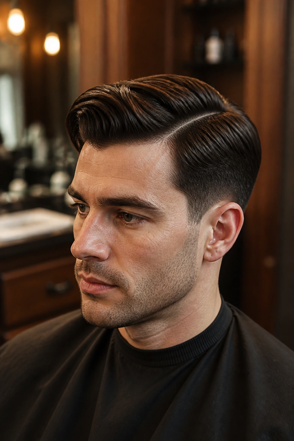 Close-up portrait of a man with classic tapered side part hairstyle