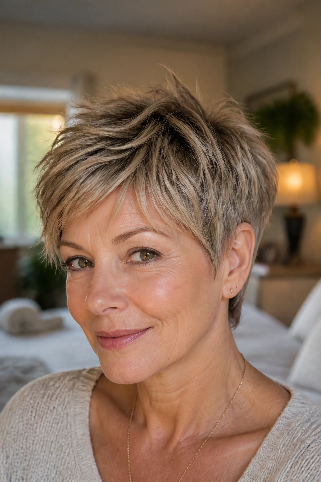 Close-up portrait of a real woman with a classic textured pixie, feathered ends and lift