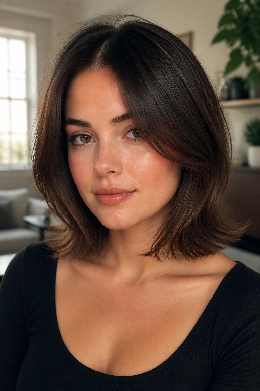 Close-up of a real woman with clavicle-length hair and outward flipped ends