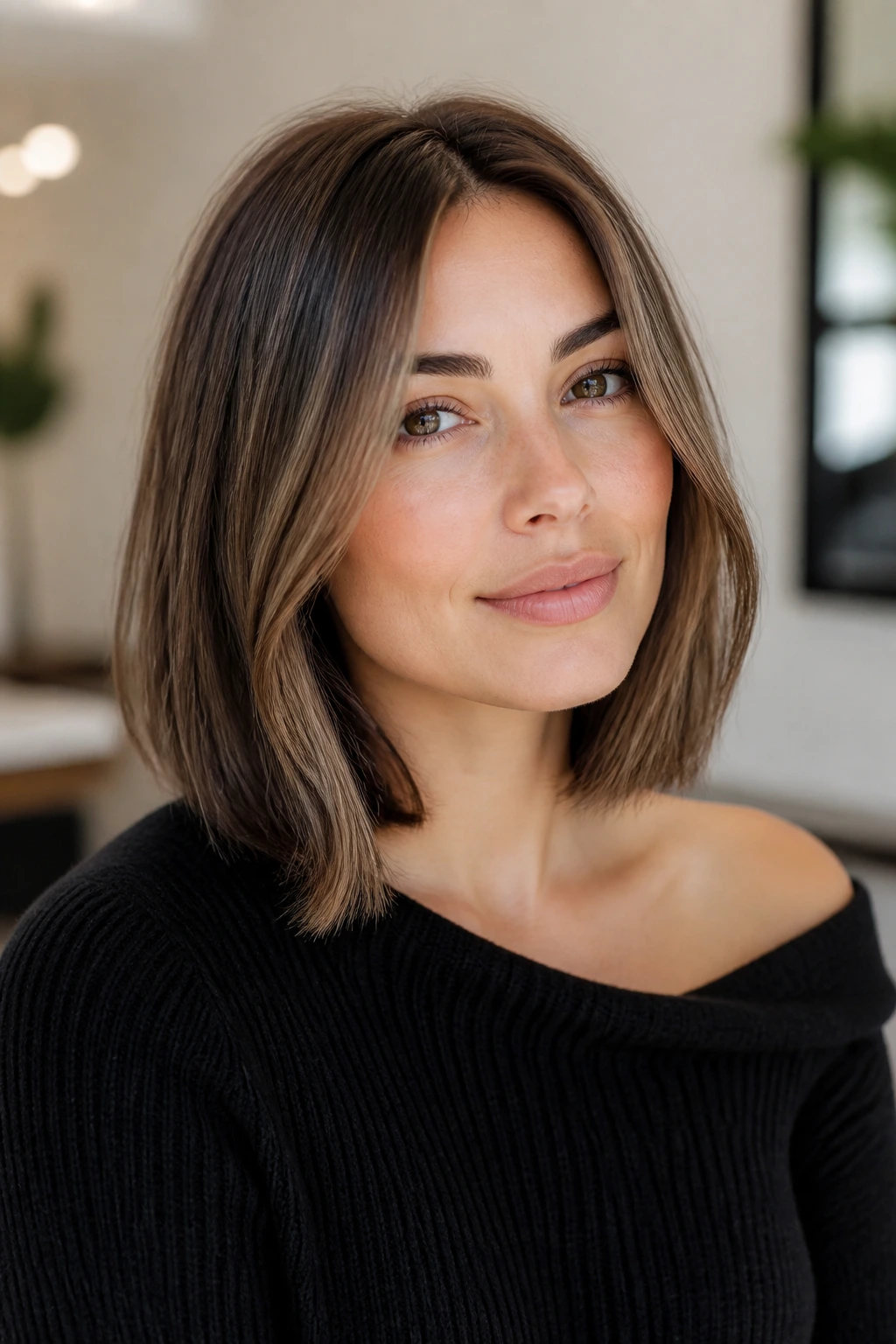 Real woman with clavicut and face frame hairstyle portrait