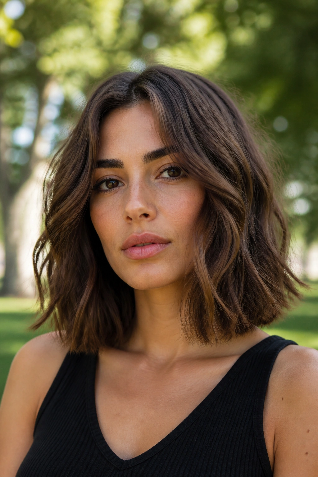Close-up of a real person with clavicut length hair in a park setting