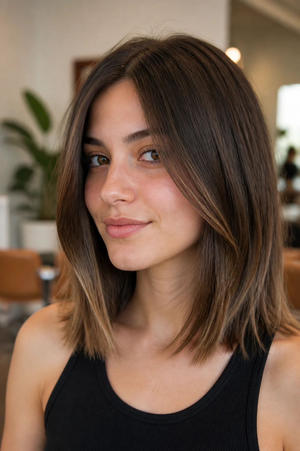 Close-up of a woman with center-parted clavicut and long internal layers in a softly lit salon.