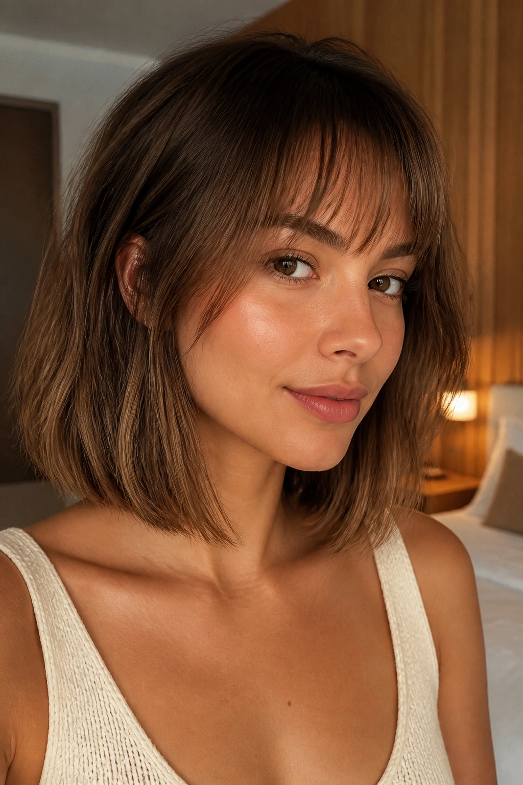 Close-up of a real woman with clavicut and piecey fringe.