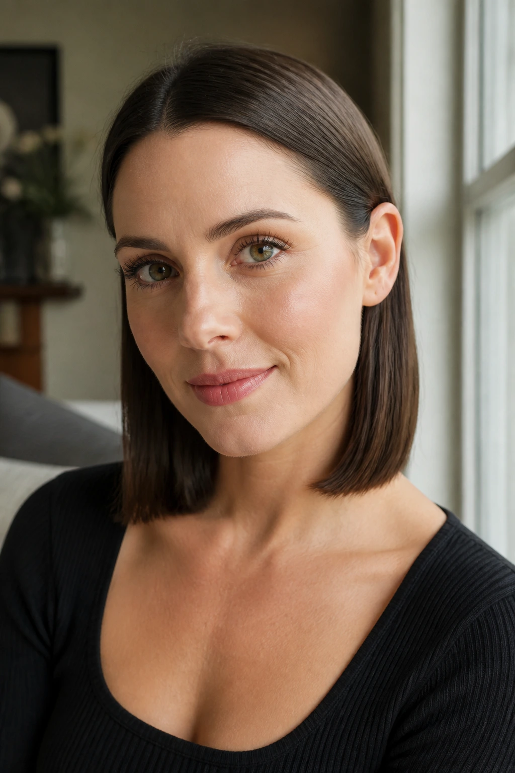 Close-up of a real woman with a sleek clavicut tucked behind the ears in warm window light