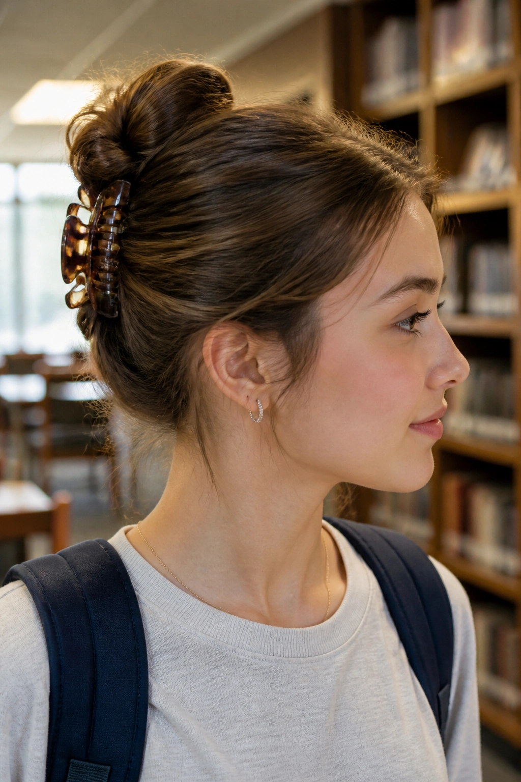 Student with claw-clip bun in school hallway.