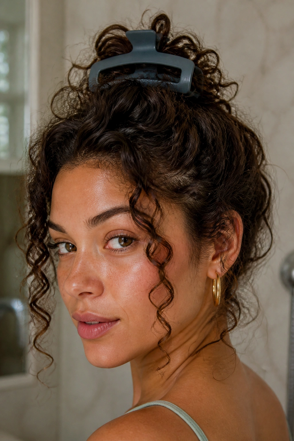 Real woman with oversized claw clip at crown lifting curls.