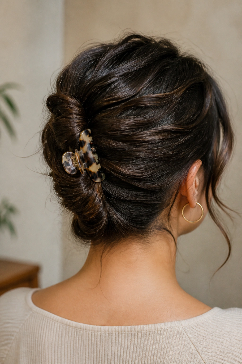 Close-up of a real woman with a low French twist secured by a claw clip