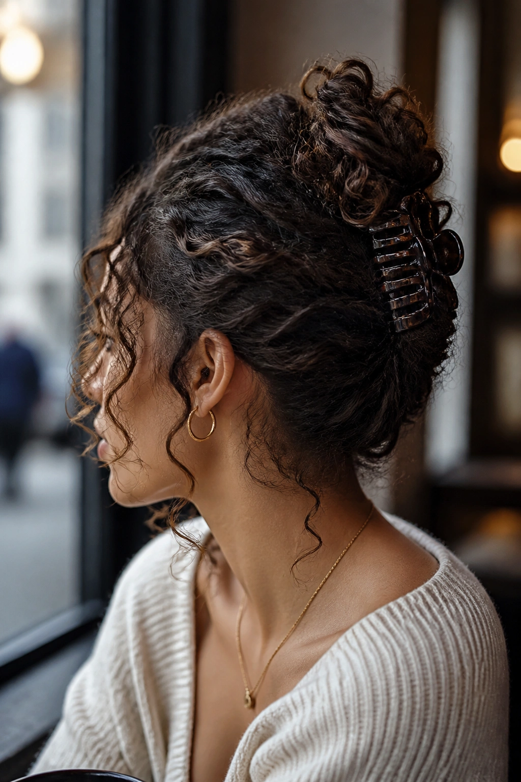 Close-up of a real woman with claw clip French twist