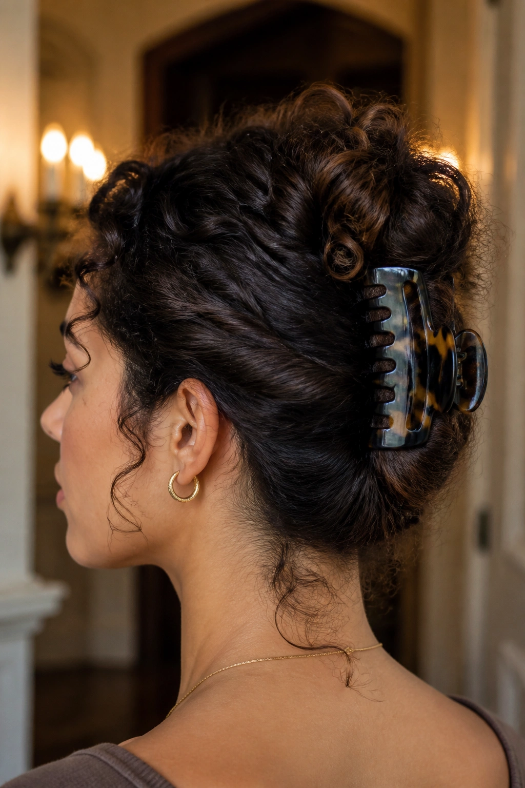 Close-up of a real woman with curly hair French twist secured by a claw clip