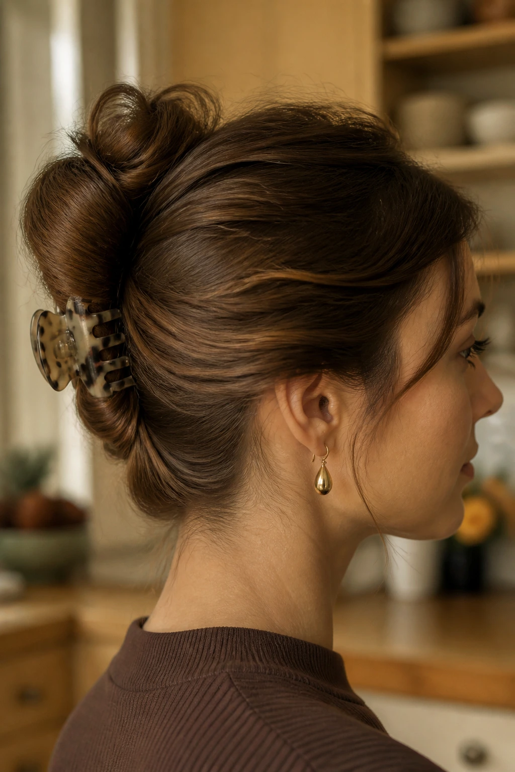 Real woman with a vertical French twist secured by a claw clip at the nape