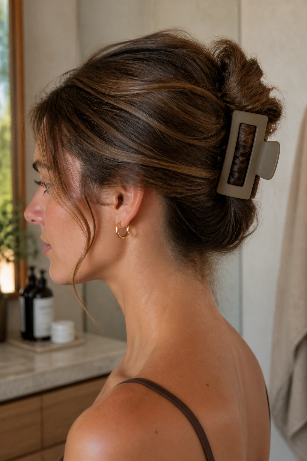 Close-up of a real woman with a claw clip French twist