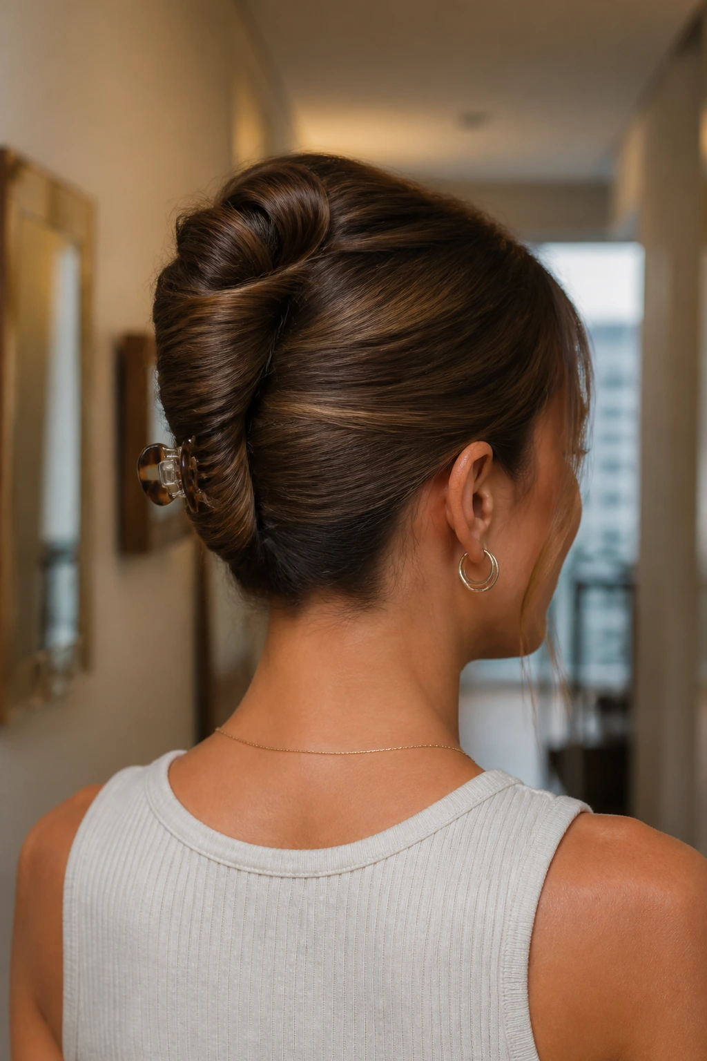 Close-up of a real person with a claw-clip French twist at the nape