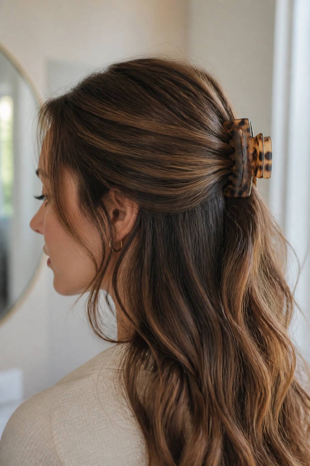Close-up of a woman wearing a claw clip half-up ponytail.