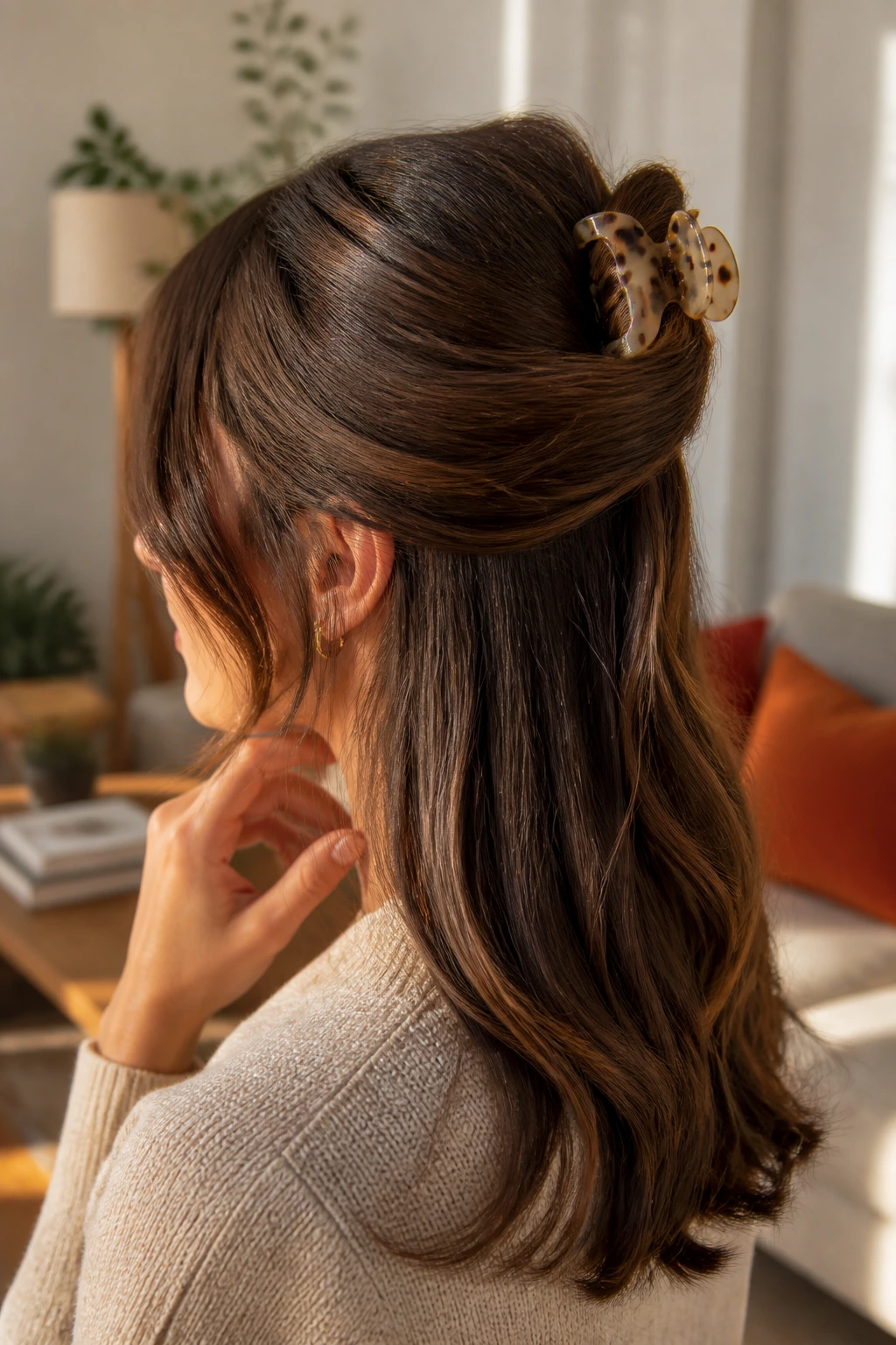 Close up of a real woman wearing a claw clip half up twist hairstyle.