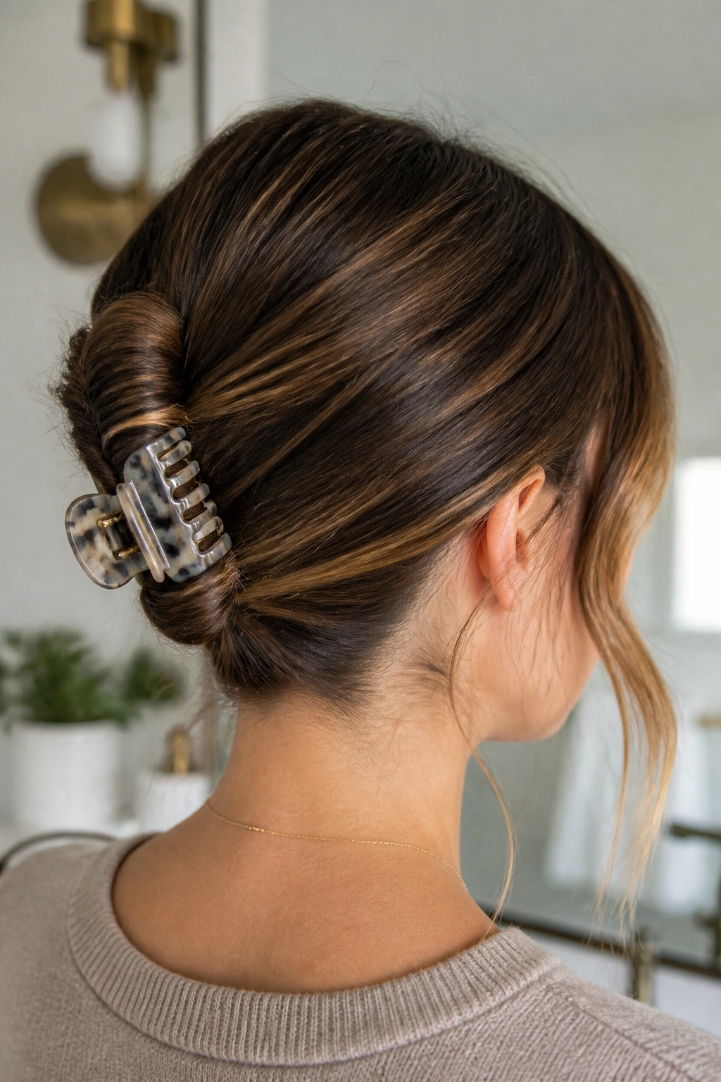Low roll hairstyle secured with claw clip