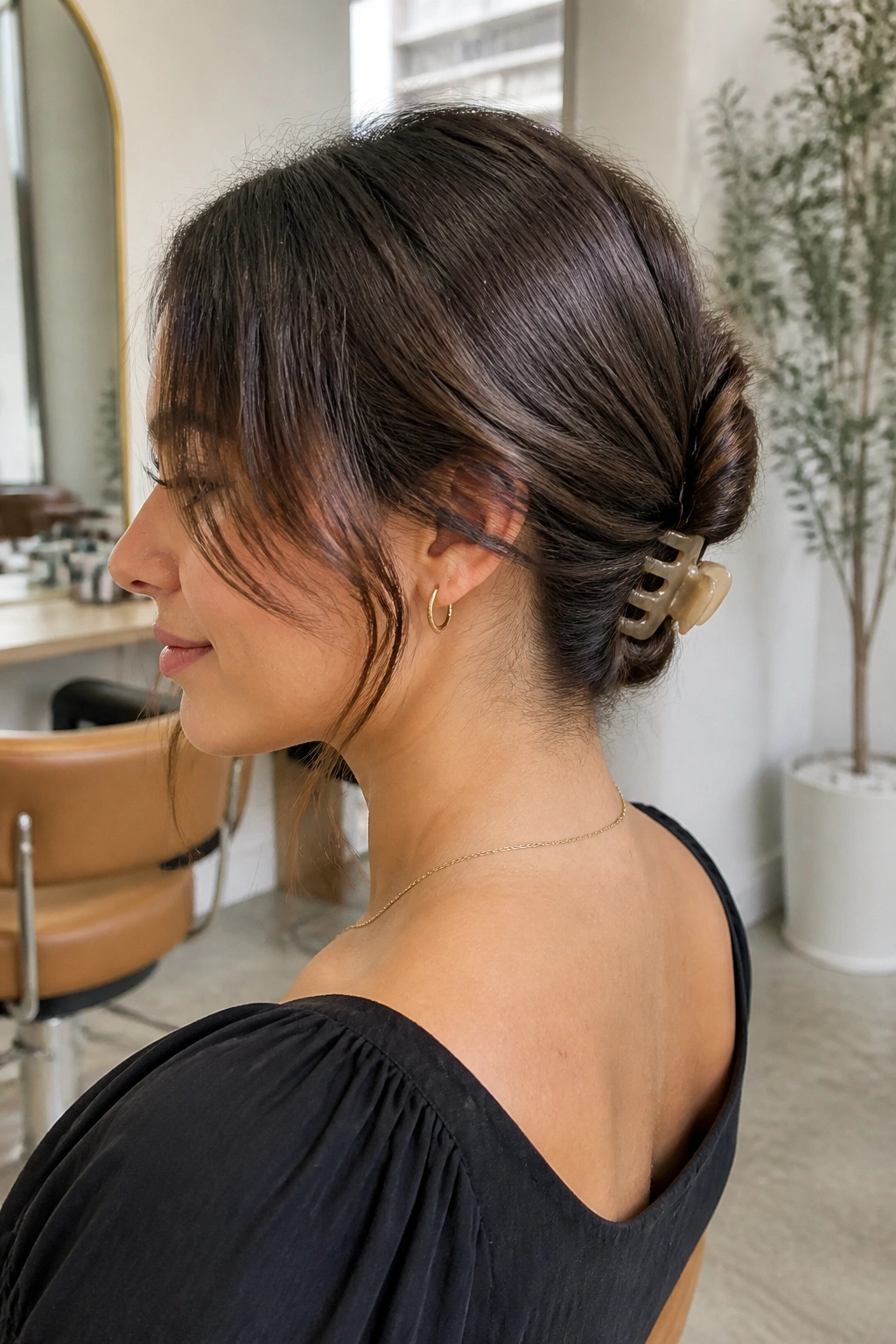 Close-up of a real woman with a low twist clipped with a claw clip at the nape