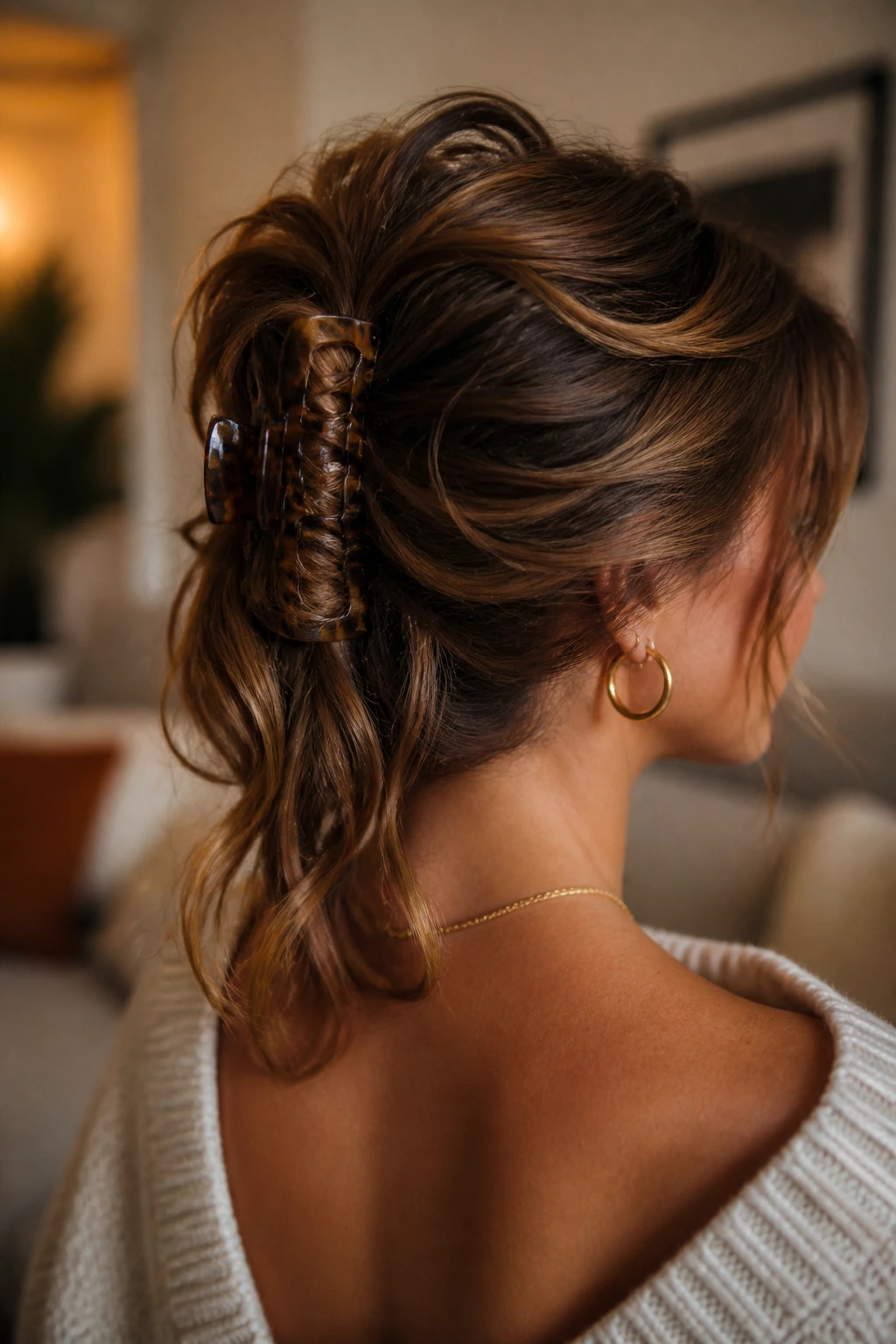 Real woman displaying a claw-clip hybrid ponytail secured at the back