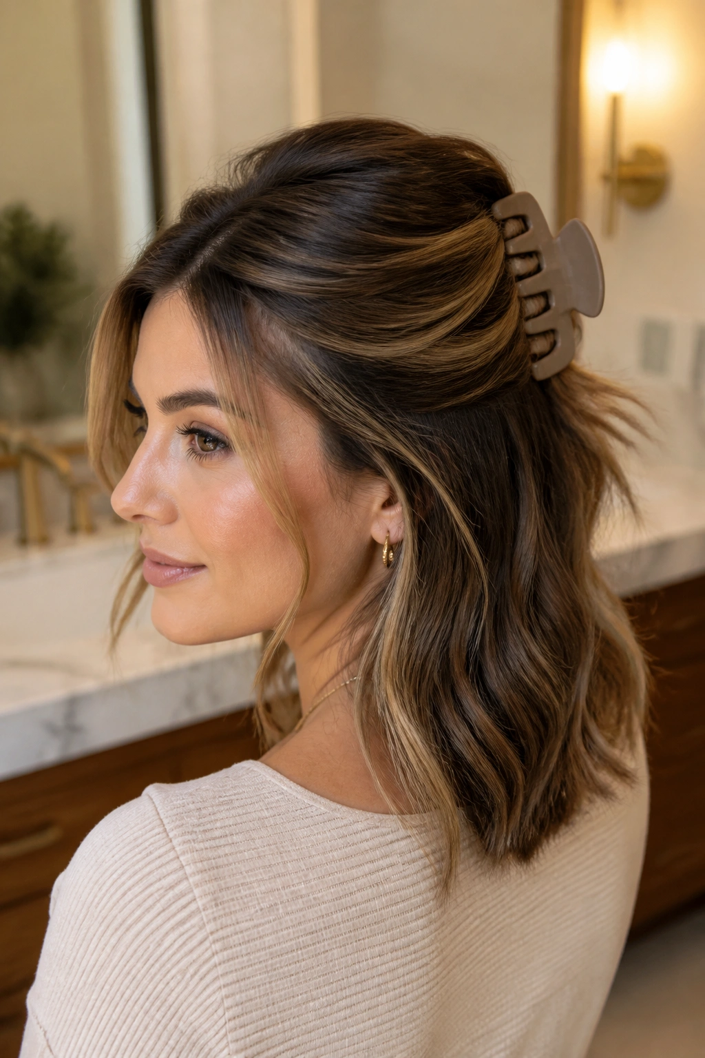 Close-up of a real woman with a claw clip rollback hairstyle